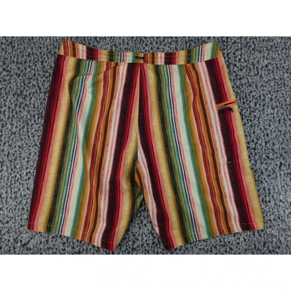 Prana Board Shorts Mens 36 Multi Color Striped‎ Drawstring Surf Swimwear